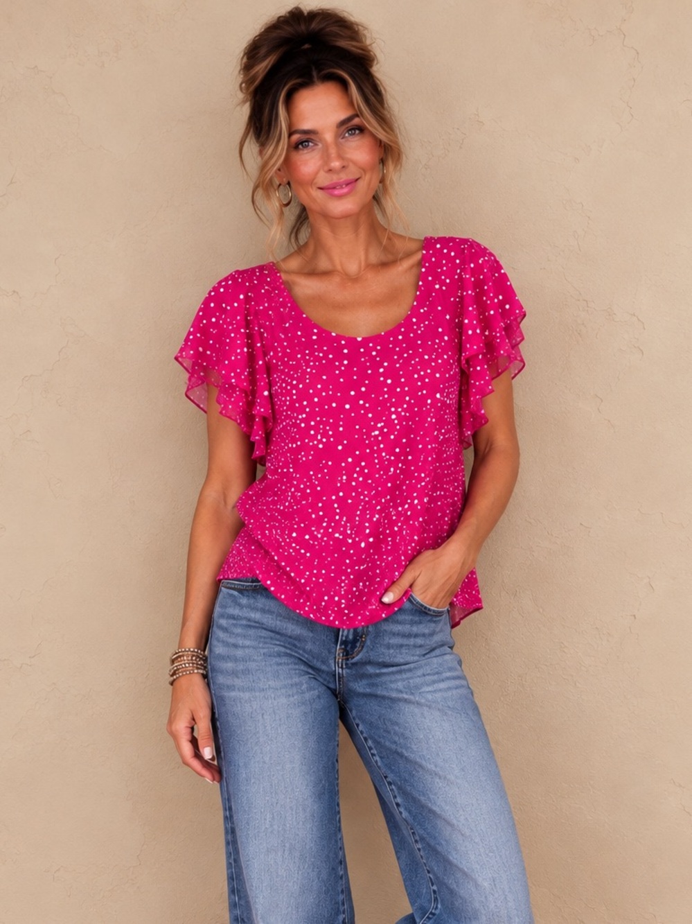 Hot Pink Polka Dot Ruffle Sleeve Blouse | Feminine Statement Top L